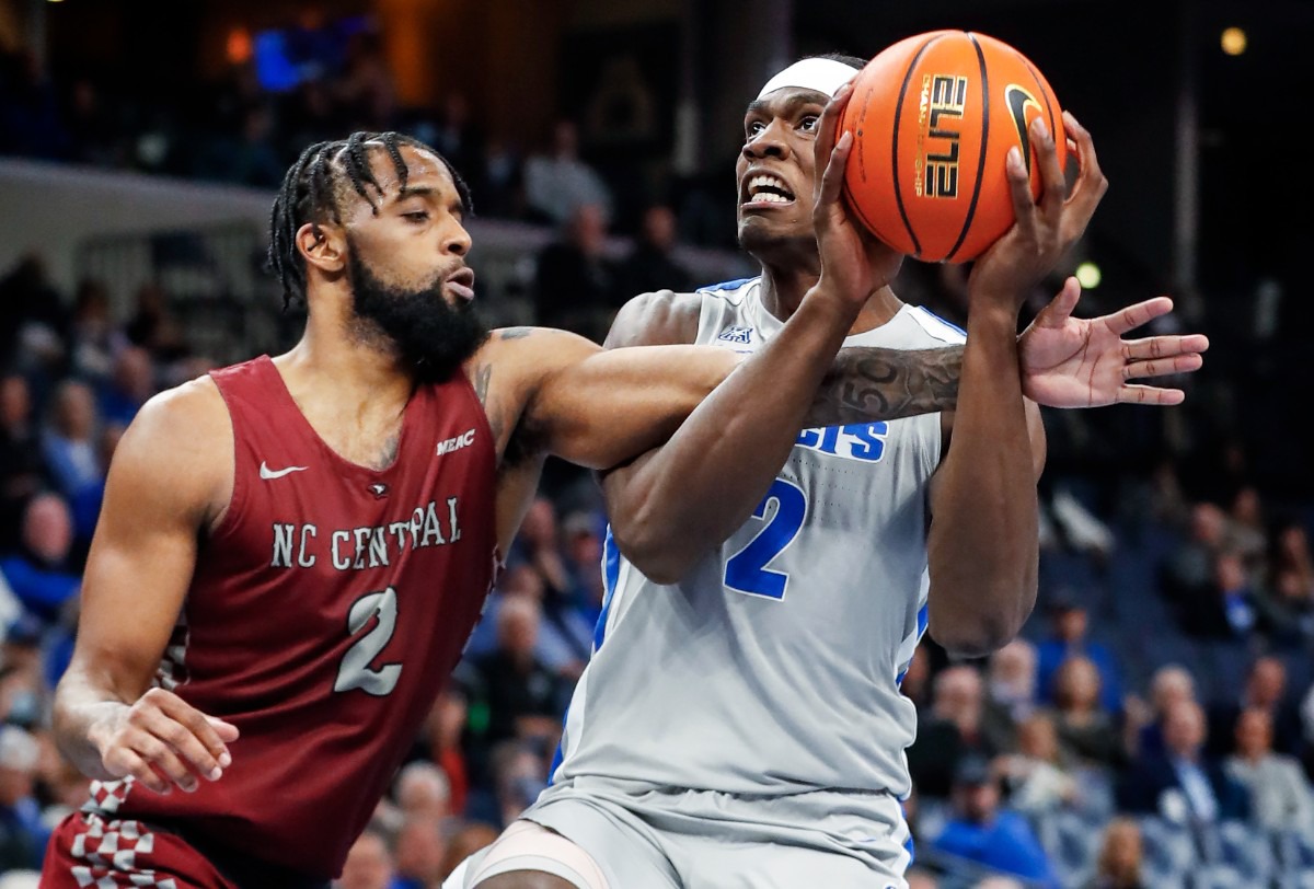 <strong>Memphis Tigers center Jalen Duren (right) is fouled by North Carolina Central defender Kris Monroe (left) during action on Saturday, Nov. 13, 2021.</strong> (Mark Weber/The Daily Memphian)