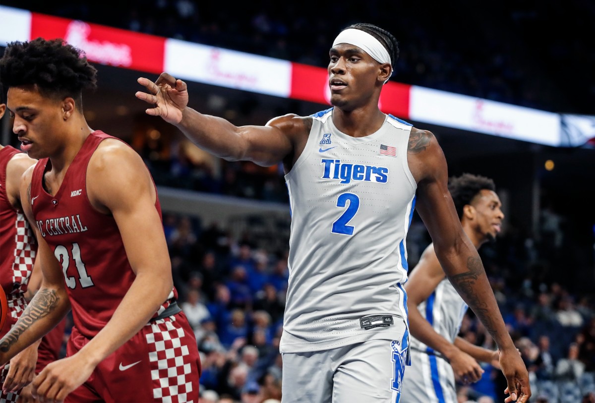 <strong>Memphis Tigers center Jalen Duren (right) is called for taunting while celebrating a made 3-pointer against the North Carolina Central defense during action on Saturday, Nov. 13, 2021.</strong> (Mark Weber/The Daily Memphian)