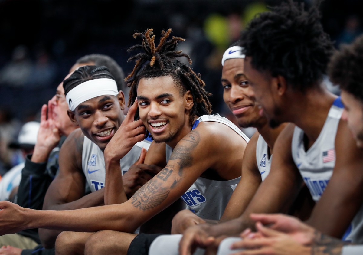 <strong>Memphis Tigers teammates (left to right) Jalen Duren, Emoni Bates and Landers Nolley II celebrate on the bench during action against North Carolina Central on Saturday, Nov. 13, 2021.</strong> (Mark Weber/The Daily Memphian)
