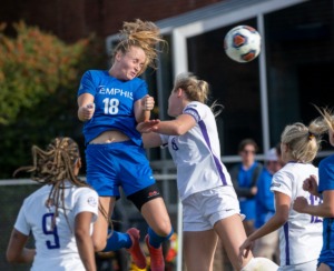 <strong>U of M defender Kimberly Smit hits a header over LSU's Shannon Cooke in the first round of the NCAA soccer tournament at the Billy J. Murphy Track and Soccer Complex, Sunday, Nov. 14, 2021. University of Memphis went on to beat LSU 3-0 to advance to the second round of play.</strong> (Greg Campbell/Special to The Daily Memphian)