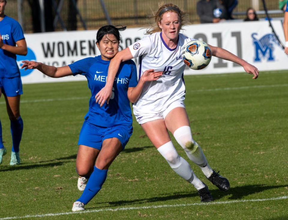 <strong>University of Memphis midfielder Momo Nakao fights for control against LSU's Linsdi Jennings in the first round of the NCAA soccer tournament at the Billy J. Murphy Track and Soccer Complex, Sunday, Nov. 14, 2021. Memphis won their first round match 3-0.</strong> (Greg Campbell/Special to The Daily Memphian)