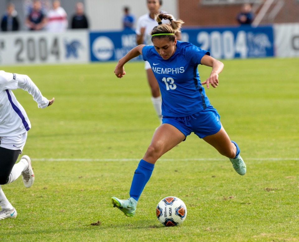 <strong>University of Memphis' Jocelyn Alonzo advances the ball up the field in the first round of the NCAA soccer tournament at the Billy J. Murphy Track and Soccer Complex, Sunday, Nov. 14, 2021. Alonzo scored the first goal early in the second period to help Memphis advance with a 3-0 win.</strong> (Greg Campbell/Special to The Daily Memphian)