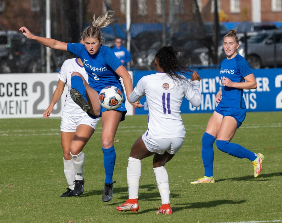 <strong>University of Memphis' Grace Stordy takes control of the ball against LSU's Tinaya Alexander in the first round of the NCAA soccer tournament at the Billy J. Murphy Track and Soccer Complex, Sunday, Nov. 14, 2021. Memphis advances in the NCAA tournament with a 3-0 victory over LSU.</strong> (Greg Campbell/Special to The Daily Memphian)