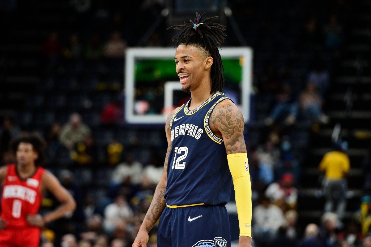 <strong>Grizzlies guard Ja Morant (12) reacts in the first half of an NBA basketball game against the Houston Rockets on Nov. 15 at FedExForum.</strong> (Brandon Dill/AP)