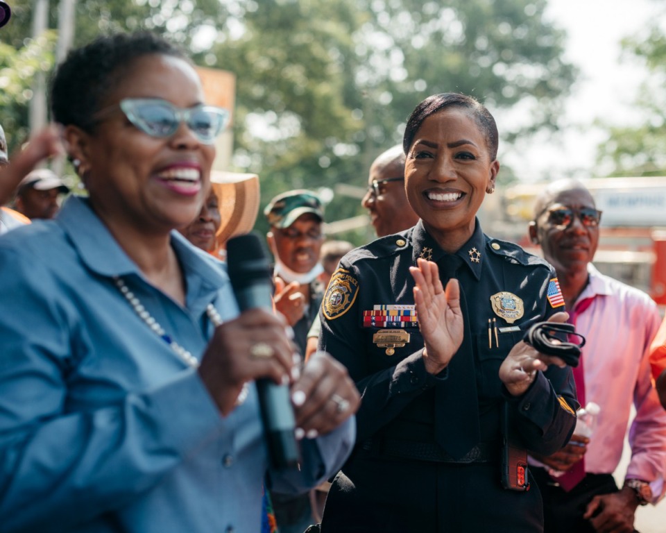 <strong>Jamita Swearengen (left), seen here with police chief Cerelyn 'CJ' Davis (right) in July, is the new City Council chair.</strong> (Houston Cofield/Daily Memphian file)