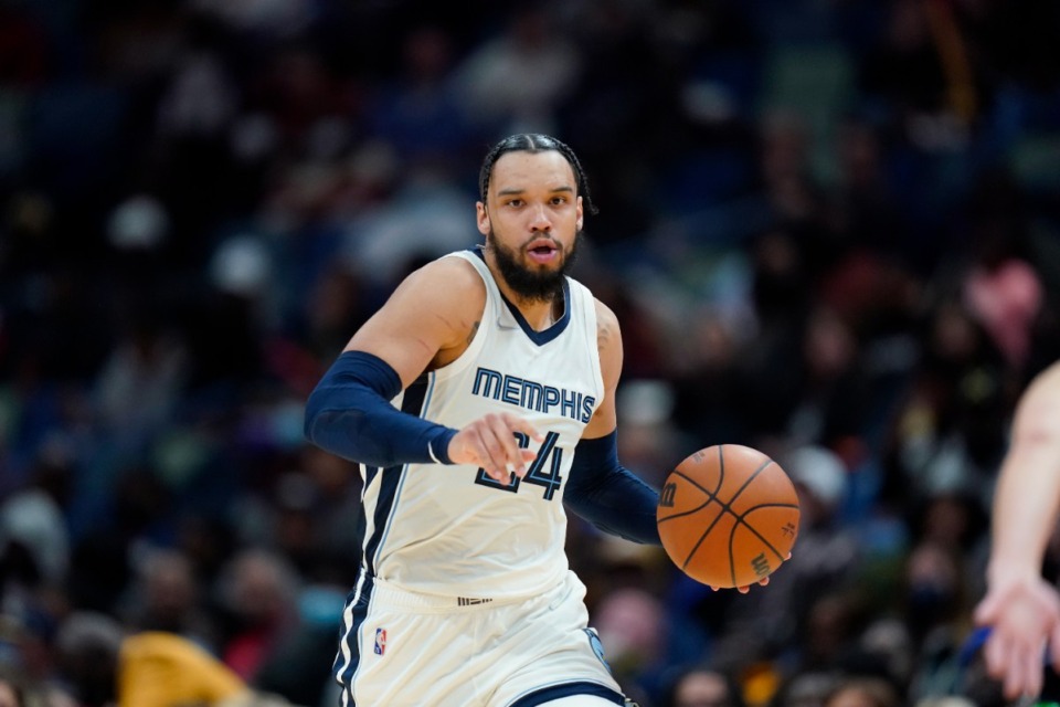 <strong>Memphis Grizzlies forward Dillon Brooks (24) moves the ball down the court in the second half of an NBA basketball game against the New Orleans Pelicans in New Orleans, Saturday, Nov. 13, 2021. The Pelicans won 112-101.</strong> (AP Photo/Gerald Herbert)