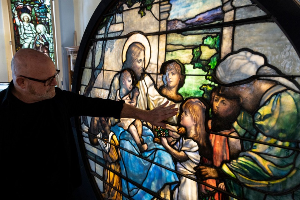 <strong>The gem of the collection is a round, 83-inch-diameter stained-glass window that depicts Jesus surrounded by children. Its price tag is $39,500.</strong> (Brad Vest/Special to The Daily Memphian)