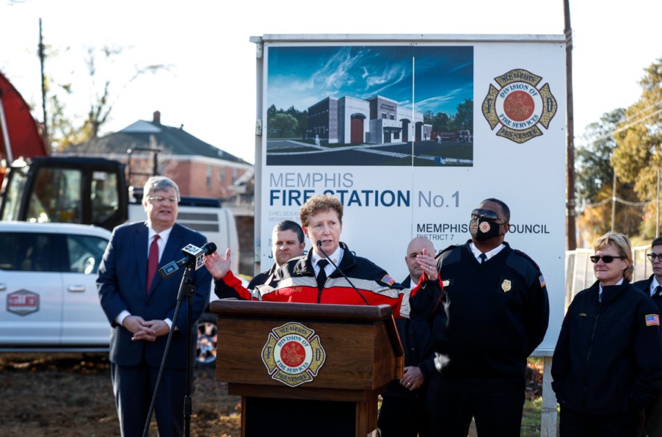 <strong>Memphis Fire Department Chief Gina Sweat (middle) speaks during a ground breaking ceremony for Fire Station 1 on Thursday, Nov. 18, 2021.</strong> (Mark Weber/The Daily Memphian)