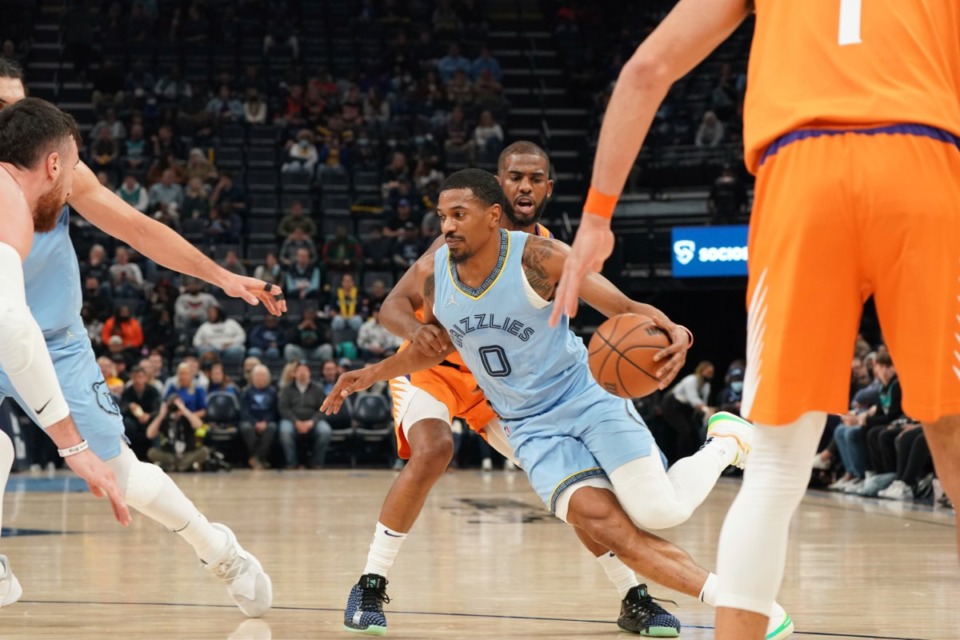 <strong>The Grizzlies' De'Anthony Melton (0) drives the ball against Phoenix on Nov. 12. He will be unavailable to play against the Timberwolves Saturday.</strong> (Karen Pulfer Focht/AP file)