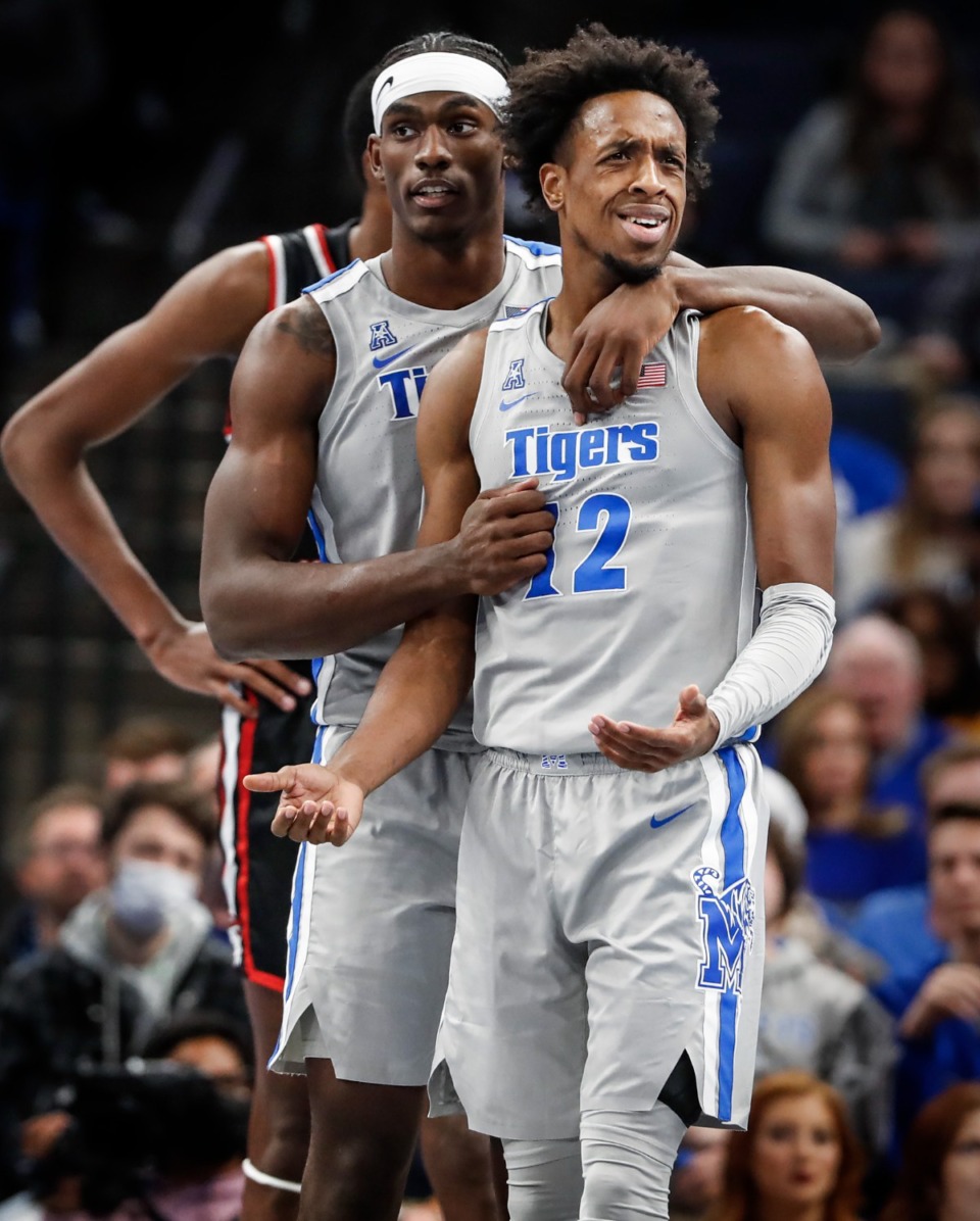<strong>Tigers forward DeAndre Williams (right) reacts to being called for a technical foul against Western Kentucky on Friday, Nov. 19, 2021.</strong> (Mark Weber/The Daily Memphian)