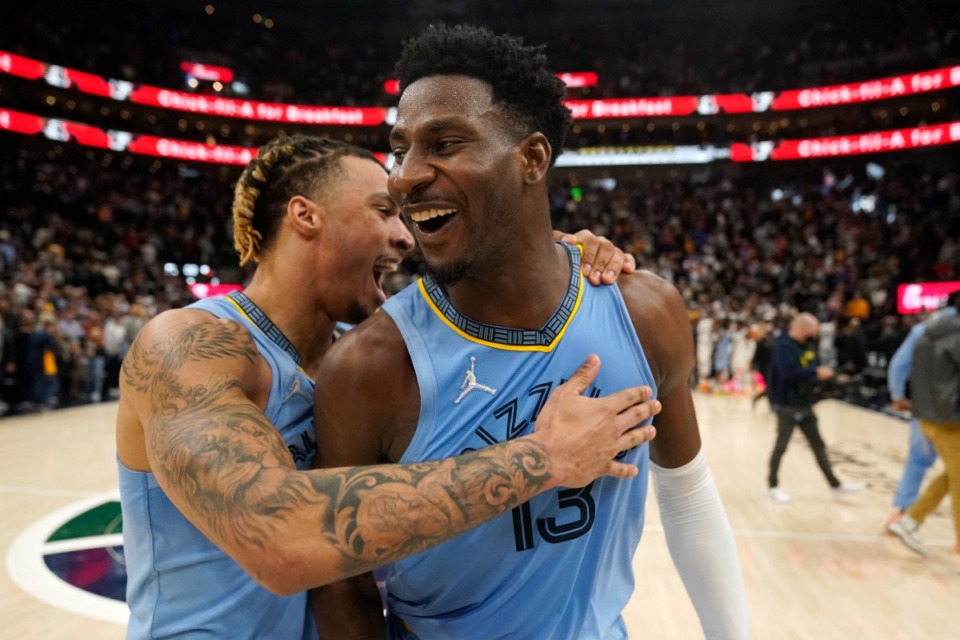 <strong>Memphis Grizzlies forwards Jaren Jackson Jr., right, and Brandon Clarke, left, celebrate after the team's NBA basketball game against the Utah Jazz on Monday, Nov. 22, 2021, in Salt Lake City.</strong> (AP Photo/Rick Bowmer)