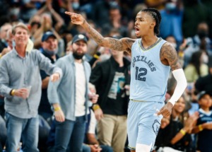 <strong>Memphis Grizzlies guard Ja Morant celebrates during the final minutes of a victory over the Cleveland Cavaliers on Oct. 20.</strong> (Mark Weber/Daily Memphian)