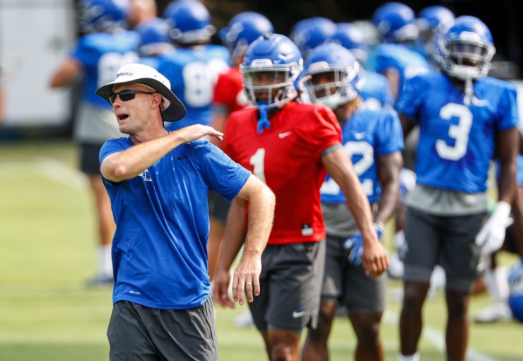 Memphis Offensive Coordinator Kevin Johns during first day of practice on Friday, Aug. 6, 2021. (Mark Weber/The Daily Memphian)