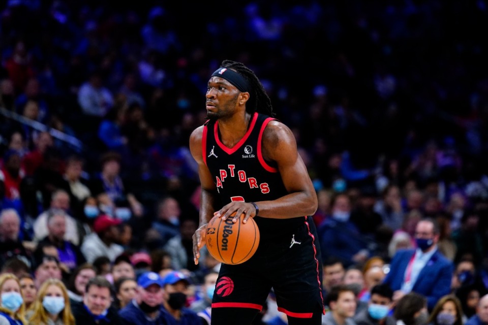 <strong>Toronto Raptors' Precious Achiuwa plays during an NBA basketball game, Thursday, Nov. 11, 2021, in Philadelphia.</strong> (AP Photo/Matt Slocum)