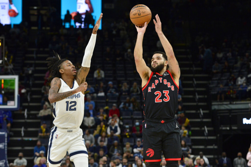 <strong>Toronto Raptors guard Fred VanVleet (23) shoots against Memphis Grizzlies guard Ja Morant (12) in the first half of an NBA basketball game Wednesday, Nov. 24, 2021, in Memphis.</strong> (AP Photo/Brandon Dill)
