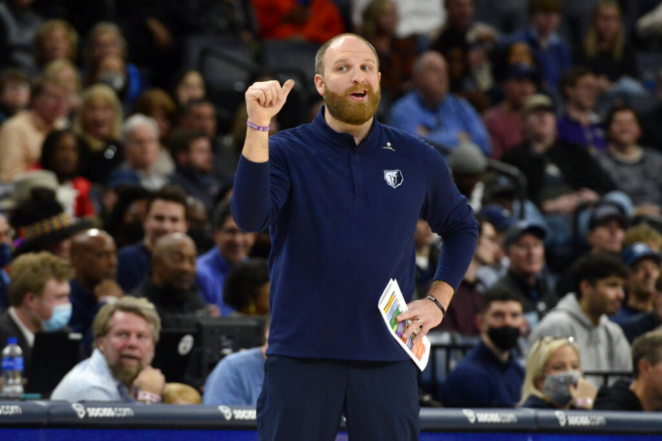 <strong>Memphis Grizzlies head coach Taylor Jenkins reacts from the sideline in the first half of an NBA basketball game against the Toronto Raptors Wednesday, Nov. 24, 2021, in Memphis.</strong> (AP Photo/Brandon Dill)