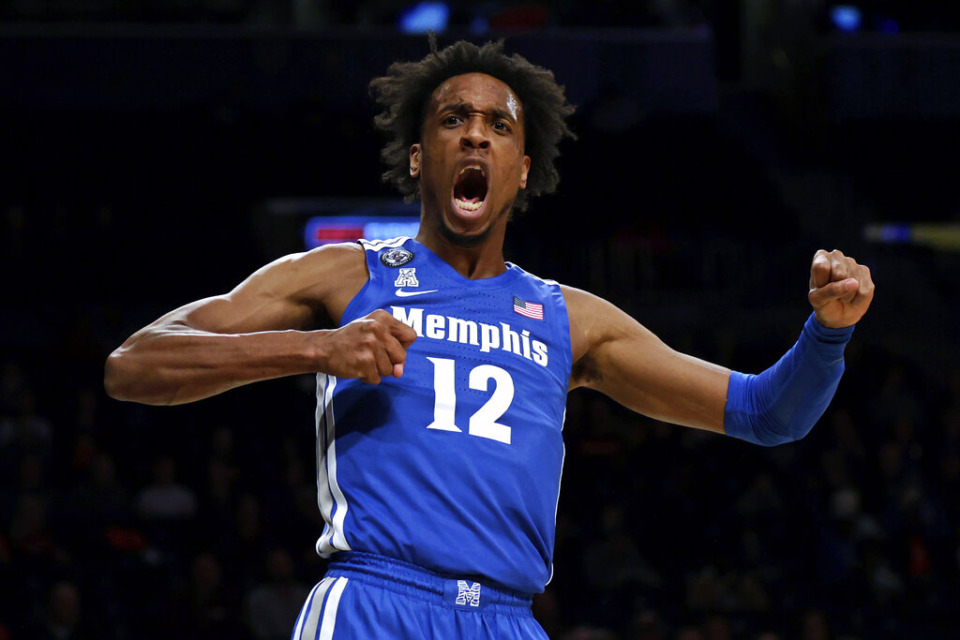 <strong>Memphis' DeAndre Williams reacts after being fouled by a Virginia Tech player during the first half of an NCAA college basketball game in the NIT Season Tip-Off tournament Wednesday, Nov. 24, 2021, in New York.</strong> (AP Photo/Adam Hunger)
