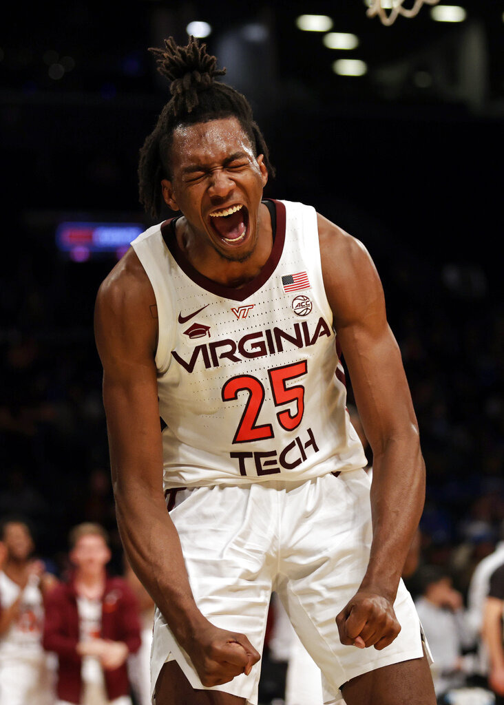 <strong>Virginia Tech's Justyn Mutts reacts during the first half of the team's NCAA college basketball game against Memphis in the NIT Season Tip-Off tournament Wednesday, Nov. 24, 2021, in New York.</strong> (AP Photo/Adam Hunger)