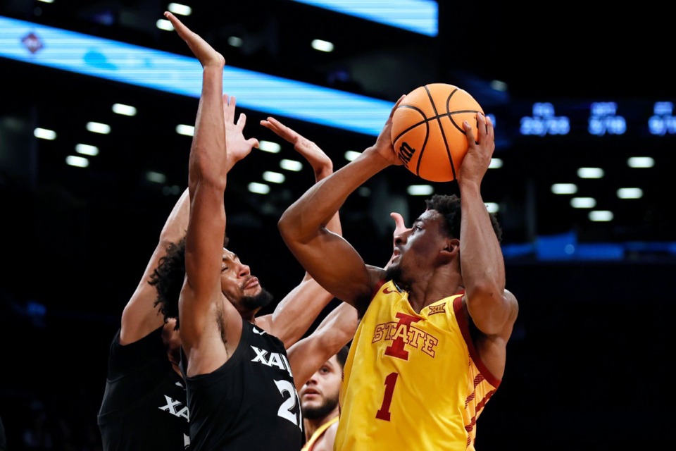 <strong>Iowa State&rsquo;s Izaiah Brockington (1) shoots over Xavier&rsquo;s Jerome Hunter during the second half of their matchup in the NIT Season Tip-Off tournament Wednesday, Nov. 24, in New York. Brockington and his Iowa State teammates face the Memphis Tigers on Friday, Nov. 26, at Barclays Center in New York.</strong> (Adam Hunger/Associated Press)