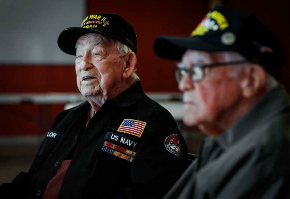 <strong>Jack Taylor (left), a 96-year-old WWII veteran who served in the Navy, talks about his experience in the war and an upcoming trip to Hawaii on Tuesday, Nov. 23, 2021 in Collierville. Several veterans, through Forever Young Veterans, will travel to Pearl Harbor for the 80th anniversary of the Japanese attack.</strong> (Mark Weber/The Daily Memphian)