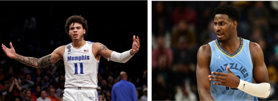 <strong>LEFT: Memphis' Lester Quinones reacts to a call during the team&rsquo;s NCAA college basketball game against Iowa State in the NIT Season Tip-Off tournament Friday in New York. </strong>(AP Photo/Adam Hunger)&nbsp;<strong>RIGHT: Memphis Grizzlies forward Jaren Jackson Jr. reacts in the NBA basketball game against the Atlanta Hawks Friday at FedExForum.</strong> (AP Photo/Brandon Dill)