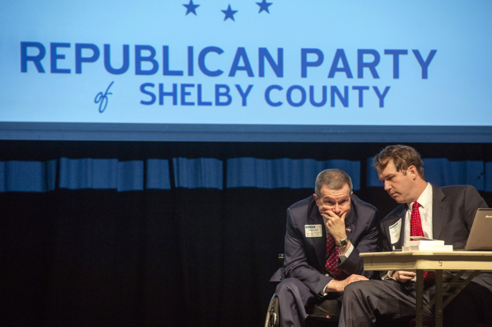 <strong>Tim Beacham (left) and Justin Joy confer during the Republican Party of Shelby County 2019 convention at Arlington High School on Sunday, Feb. 24.</strong> (Brandon Dill/Special to The Daily Memphian)