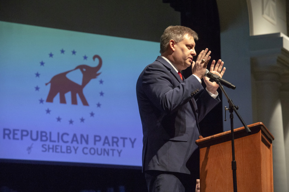 <strong>Lee Mills, outgoing chairman of the Republican Party of Shelby County, speaks during the party's 2019 convention on Sunday, Feb. 24.</strong> (Brandon Dill/Special To The Daily Memphian)