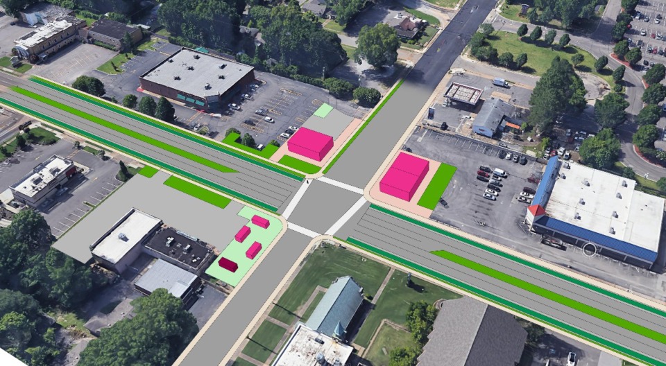 <strong>Design concepts show the potential for developments in the parking lots at Summer Avenue and Perkins Road. Boutique-style retail and restaurant spaces could be built in the parking lots of the Walgreens and Fresenius Kidney Care; and Superman Discount, which hosts a food truck every day, would get a food truck plaza. (Proposed changes in red.)</strong> (Courtesy Bradyn Carson)