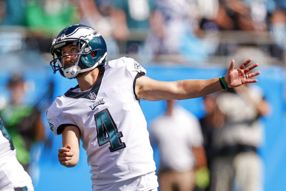 <strong>Philadelphia Eagles kicker Jake Elliott watches his field goal attempt against the Carolina Panthers during the first half of an NFL football game Sunday, Oct. 10, 2021, in Charlotte, North Carolina.</strong> (AP Photo/Nell Redmond)