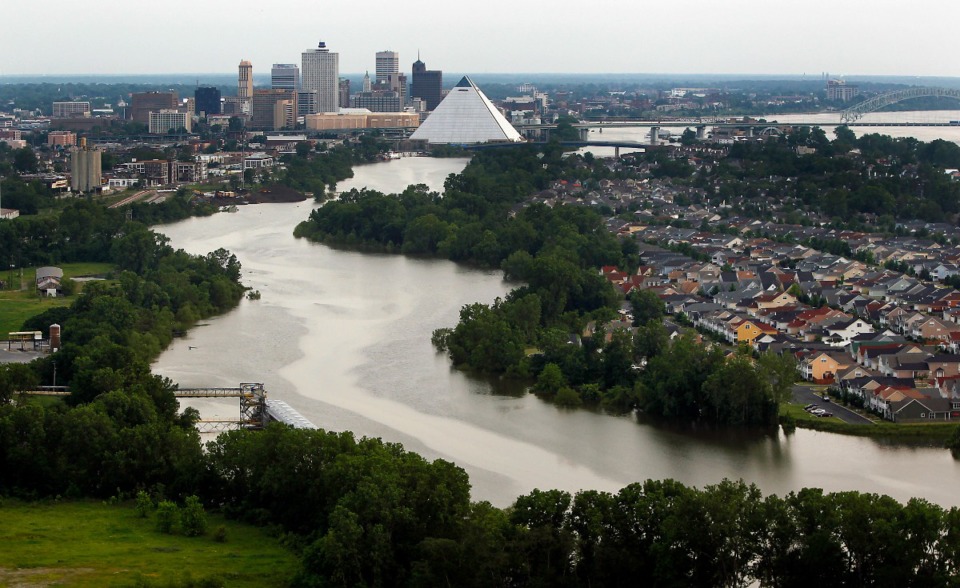 <strong>The Wolf River Harbor behind Mud Island is seen swollen by the historic floodwaters of the Mississippi River in 2011.</strong> (Daily Memphian file)