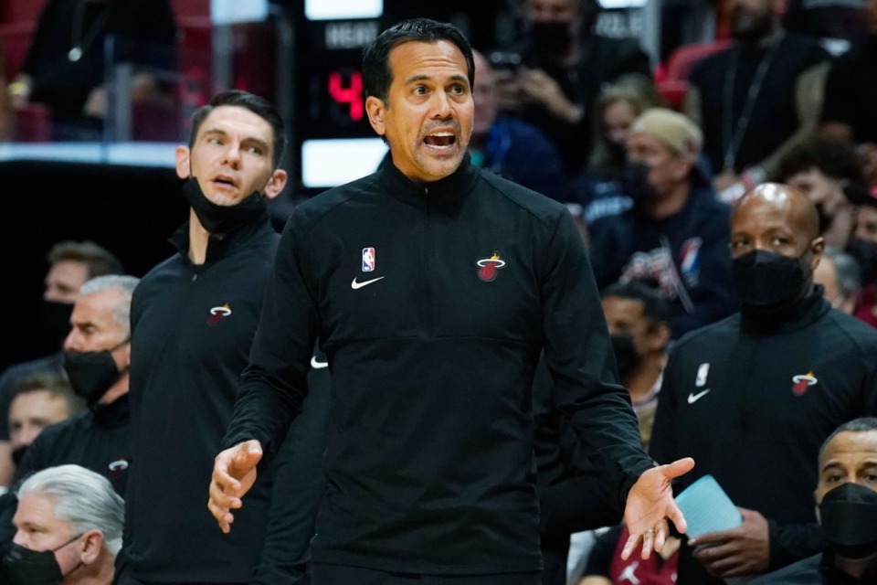 <strong>Miami Heat head coach Erik Spoelstra reacts to a call in the game against the Memphis Grizzlies on Dec. 6 in Miami.</strong> (Marta Lavandier/AP)