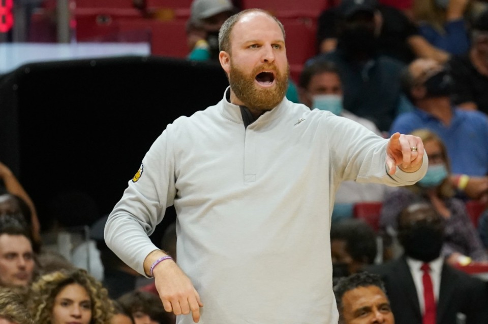 <strong>Grizzlies head coach Taylor Jenkins gestures in the game against the Miami Heat</strong>&nbsp;<strong>on Dec. 6 in Miami.</strong> (Marta Lavandier/AP)