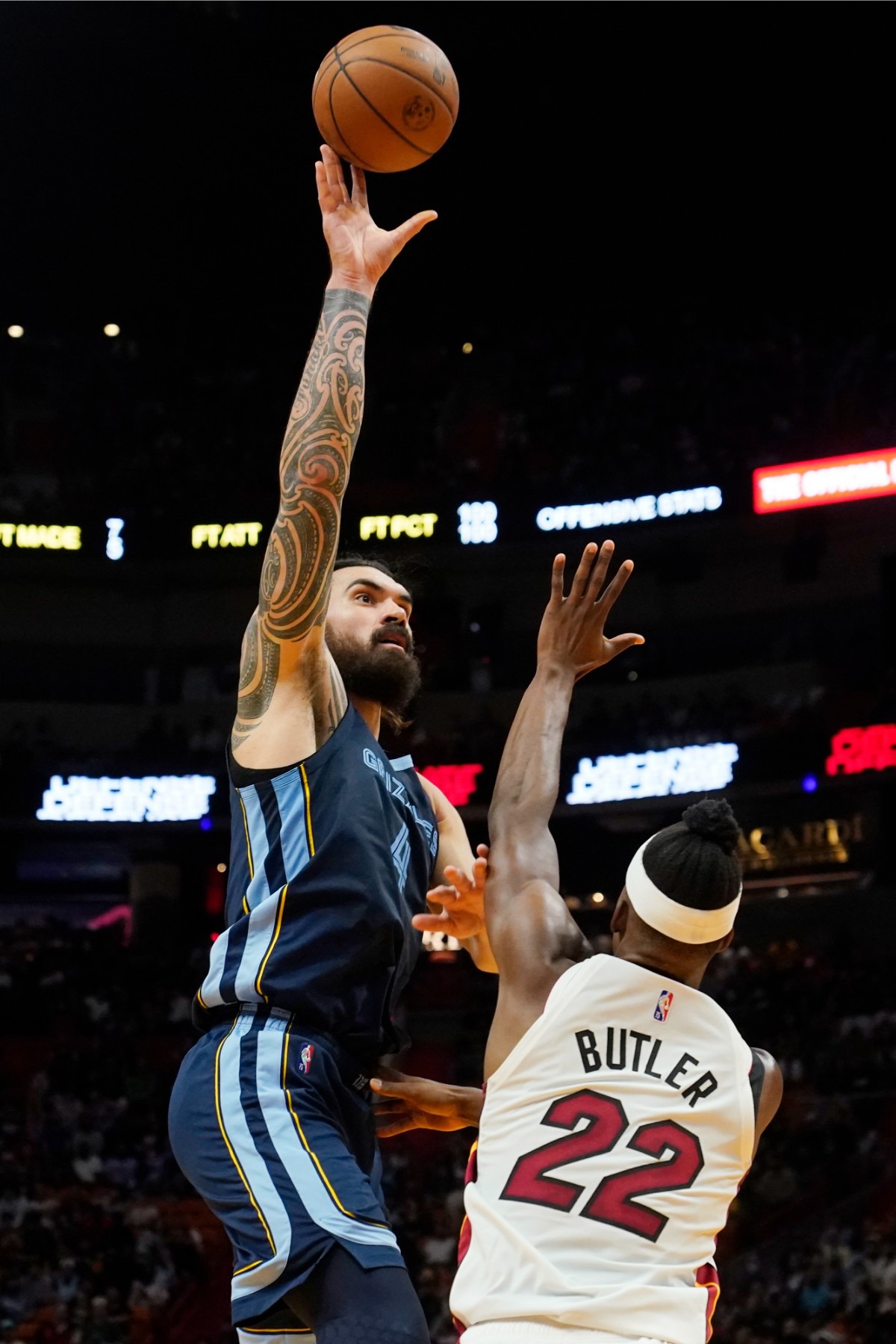<strong>Grizzlies center Steven Adams (4) shoots over Miami Heat forward Jimmy Butler (22)</strong>&nbsp;<strong>on Dec. 6 in Miami.</strong> (Marta Lavandier/AP)