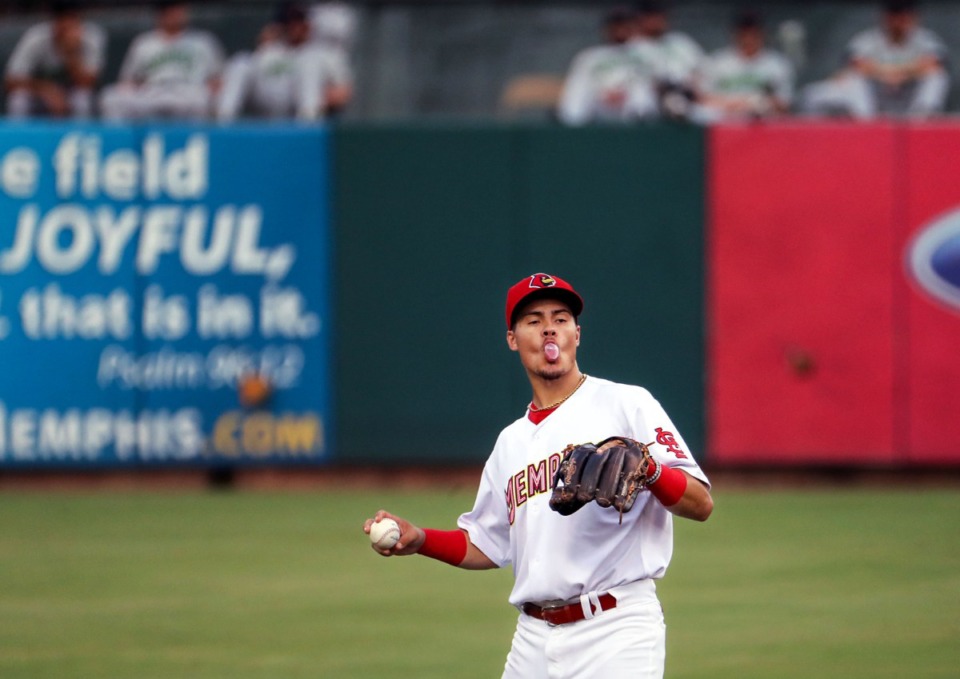 <strong>Memphis Redbirds short stop Evan Mendoza blows a bubble after catching a pop fly during a July 27, 2021 home game against the Gwinnett Stripers in AutoZone Park.</strong> (Patrick Lantrip/Daily Memphian)
