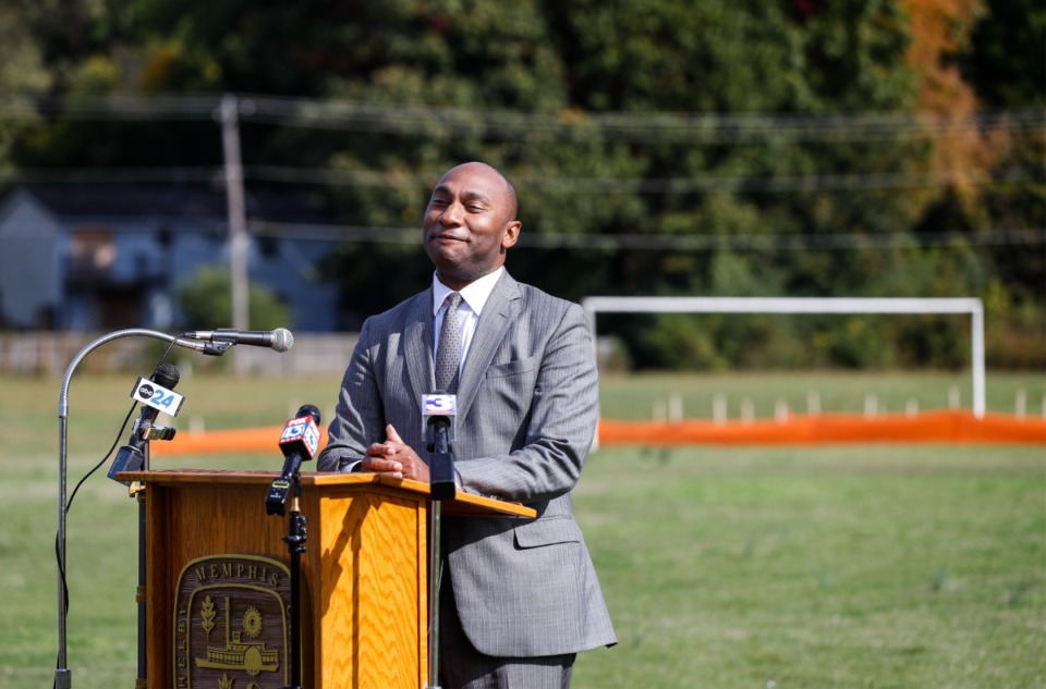 <strong>Shelby County Mayor Lee Harris speaks during a groundbreaking ceremony for Kennedy Park on Monday, Nov. 1.&nbsp;Harris formally opened his re-election campaign Wednesday, Dec. 8, with a 46-second video.</strong>&nbsp;(Mark Weber/Daily Memphian)