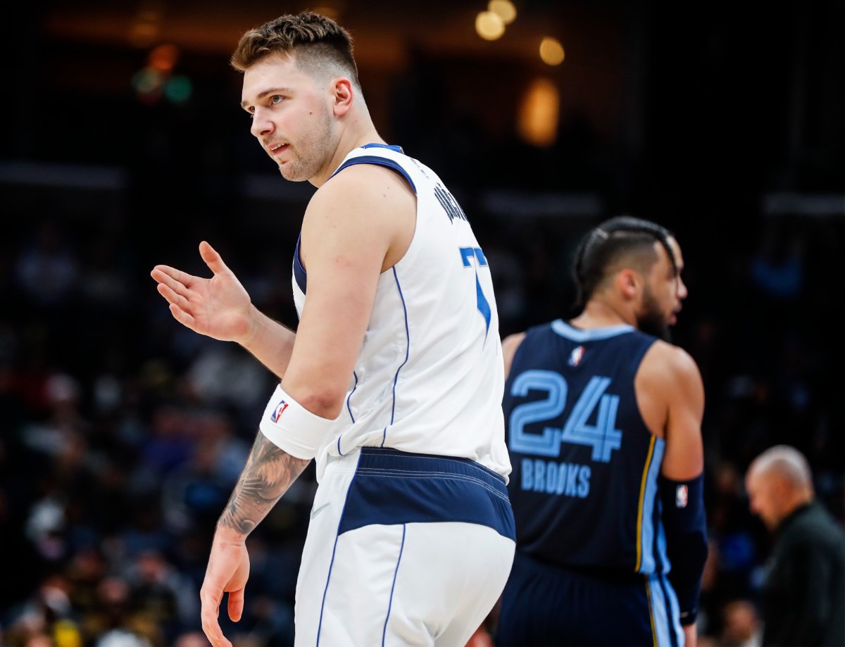 <strong>Dallas Mavericks guard Luka Doncic celebrates a 3-point shot against the Grizzlies on Wednesday, Dec. 8, 2021.</strong> (Mark Weber/The Daily Memphian)