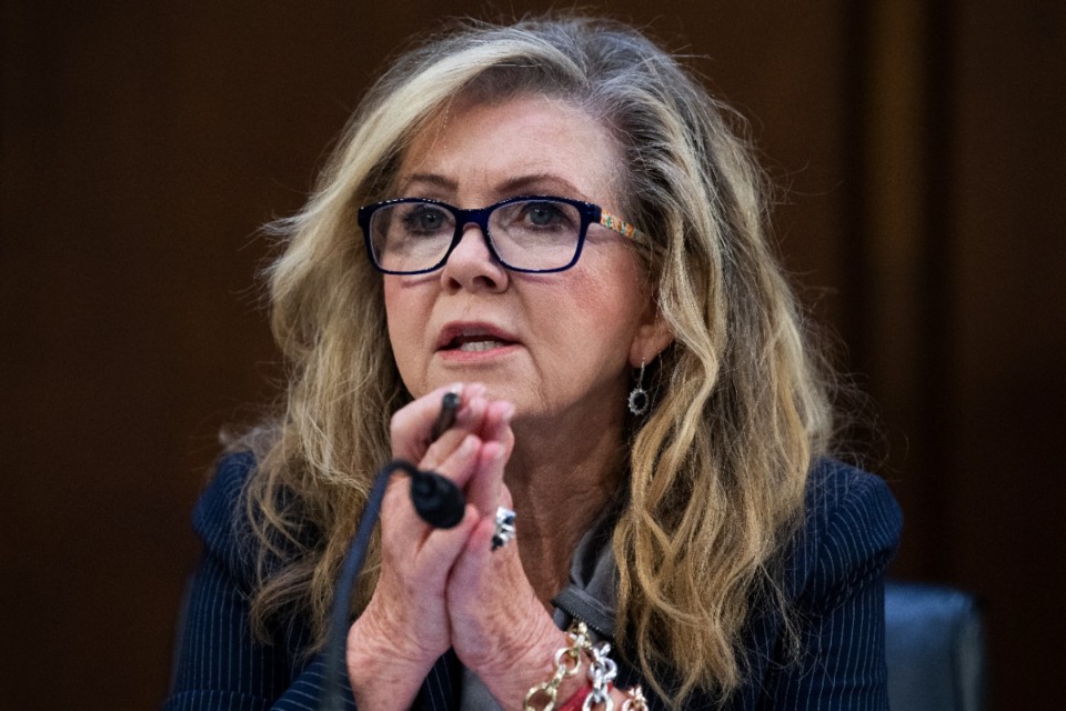 <strong>Sen. Marsha Blackburn, R-Tenn., speaks during a Senate Judiciary Committee hearing to examine Texas's abortion law, Wednesday, Sept. 29, 2021 on Capitol Hill in Washington.</strong> (Tom Williams/Pool via AP)