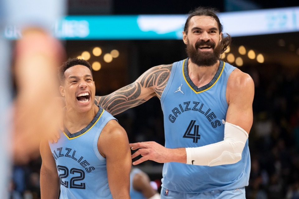 <strong>Grizzlies guard Desmond Bane (22) and center Steven Adams (4) celebrate the team's lead over the Lakers late in the game on Dec. 9 at FedExForum.</strong> (Nikki Boertman/AP)