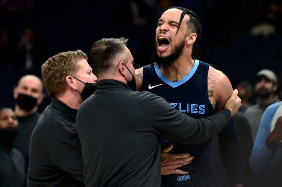 <strong>Memphis Grizzlies guard Dillon Brooks reacts after being ejected for his second technical foul, during the second half of the team's NBA basketball game against the Dallas Mavericks on Wednesday, Dec. 8, 2021, in Memphis, Tennesse.</strong> (AP Photo/Brandon Dill)