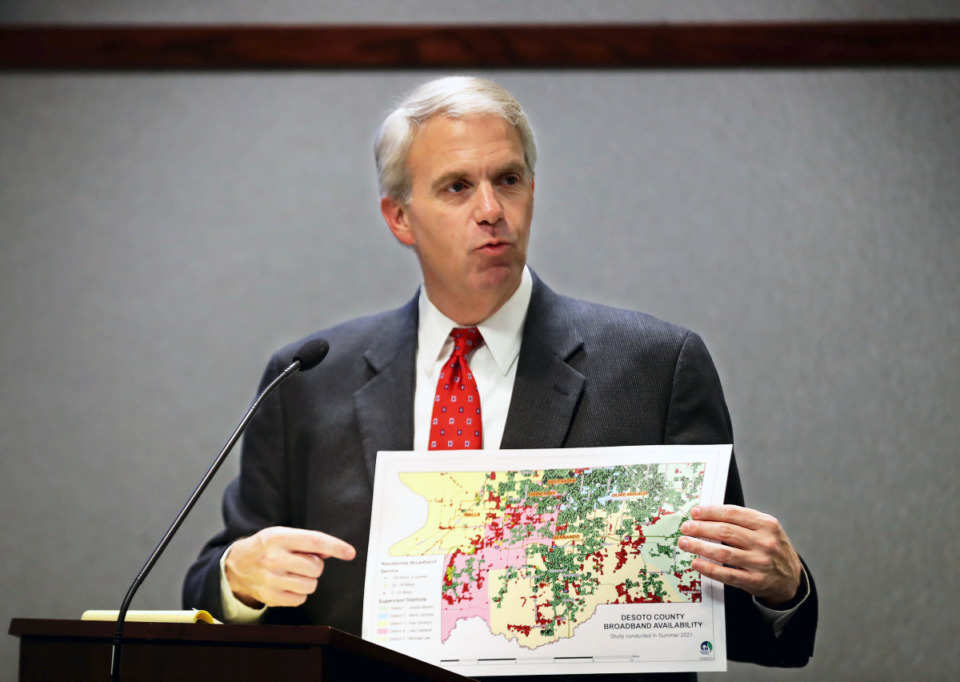 <strong>Commissioner Brandon Presley discusses the state of broadband internet access in DeSoto County at a Dec. 8, 2021 meeting.</strong> (Patrick Lantrip/Daily Memphian)