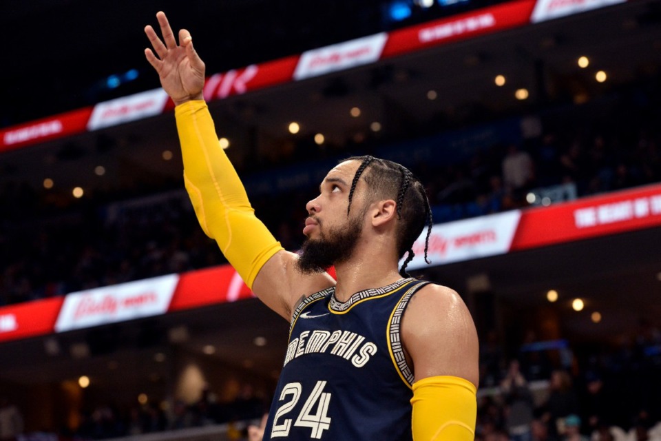 <strong>Memphis Grizzlies forward Dillon Brooks (24) reacts in the first half of an NBA basketball game against the Houston Rockets Saturday, Dec. 11, 2021, at FedExForum.</strong> (AP Photo/Brandon Dill)