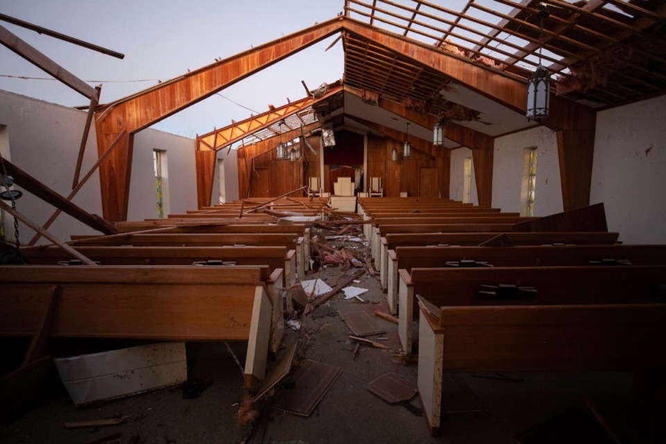 <strong>The remains of Dawson Springs Primitive Baptist Church after a tornado in Dawson Springs, Kentucky, Sunday, Dec. 12, 2021.</strong> (AP Photo/Michael Clubb)
