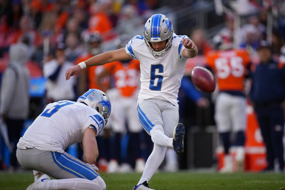 <strong>Detroit Lions kicker Riley Patterson (6) kicks a field goal against the Denver Broncos during the first half of an NFL football game, Sunday, Dec. 12, 2021, in Denver.</strong> (AP Photo/David Zalubowski)