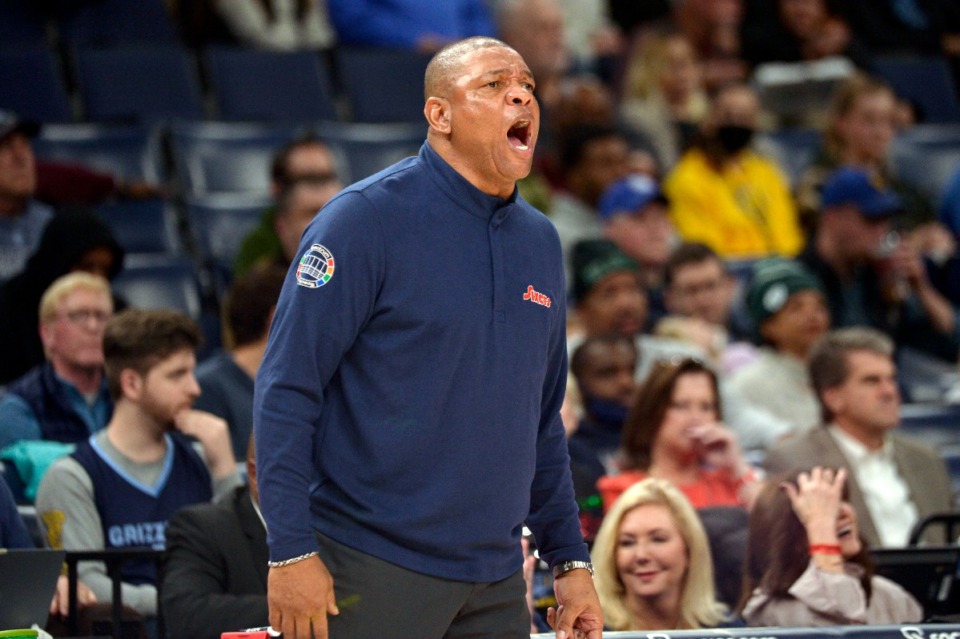 <strong>Philadelphia 76ers head coach Doc Rivers calls to players in the game against the Memphis Grizzlies&nbsp;on Dec. 13 at FedExForum.</strong> (Brandon Dill/AP)