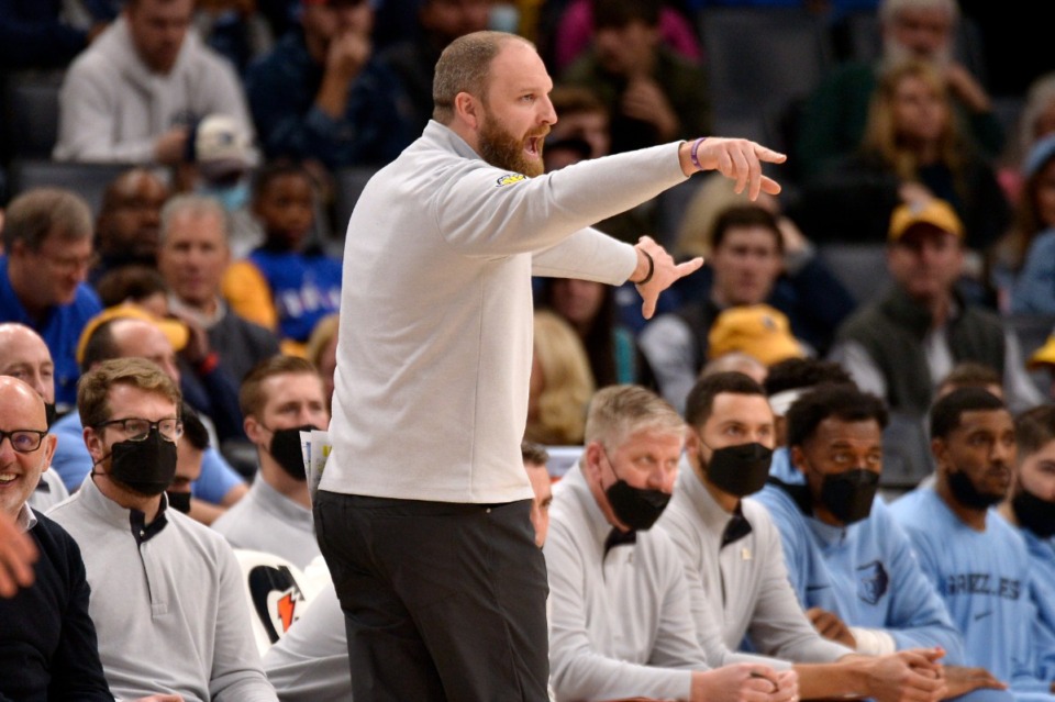 <strong>Grizzlies head coach Taylor Jenkins calls to players in the game against the Philadelphia 76ers</strong>&nbsp;<strong>on Dec. 13 at FedExForum.</strong> (Brandon Dill/AP)