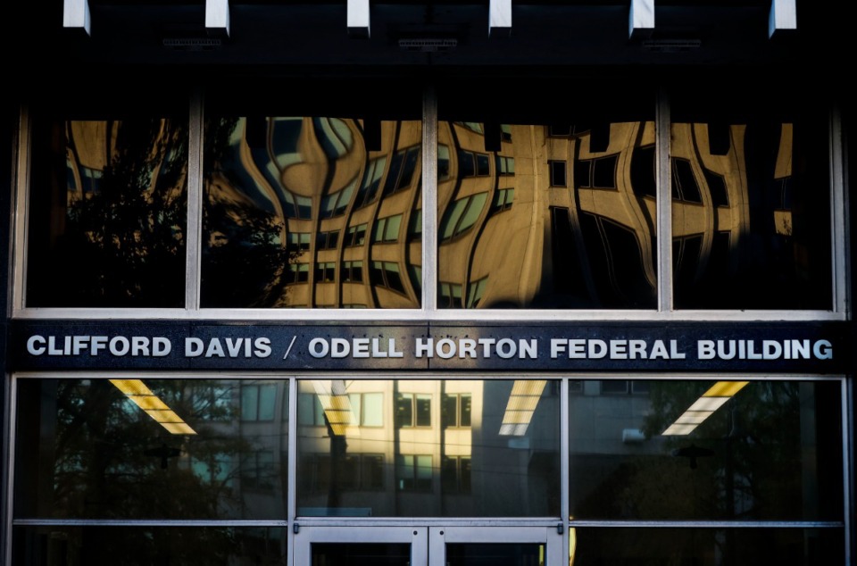 Clifford Davis-Odell Horton Federal Building east entrance on Thursday, Nov. 19, 2020. Davis, was a member of the Klan and a segregationist. (Mark Weber/The Daily Memphian)