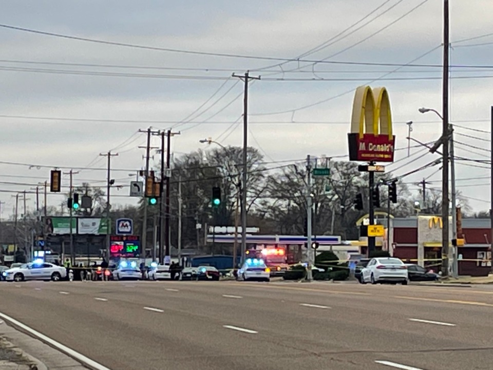 <strong>Memphis Police officers gather at Third Street after a woman was fatally shot by an officer on Wednesday, Dec. 15.</strong> (Yolanda Jones/Daily Memphian)