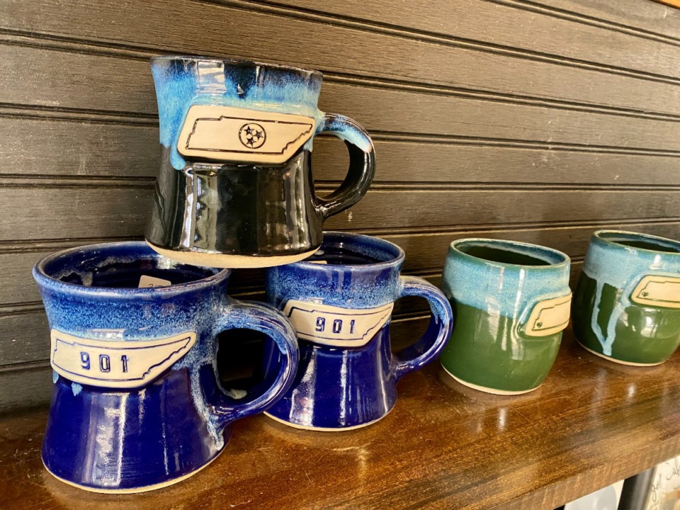 <strong>Coffee mugs, made on-site, are at Belltower Coffeehouse and Studio.</strong> (Chris Herrington/Daily Memphian)