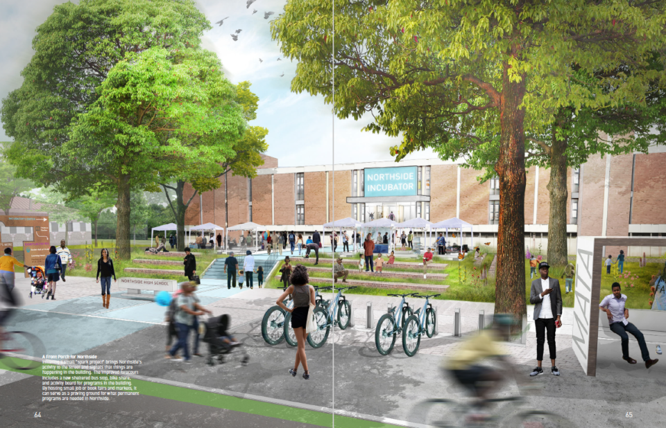<strong>A design concept shows that the community space, or porch, on the southern end facing Vollintine Avenue could serve as a pick-up and drop-off entrance for people coming in and out of the center.&nbsp;The space could have bike share stations, a sheltered bus stop, and activity boards for programs in the building and could be used for pop-up events like job fairs, book fairs and markets.&nbsp;</strong>(Studio Gang)