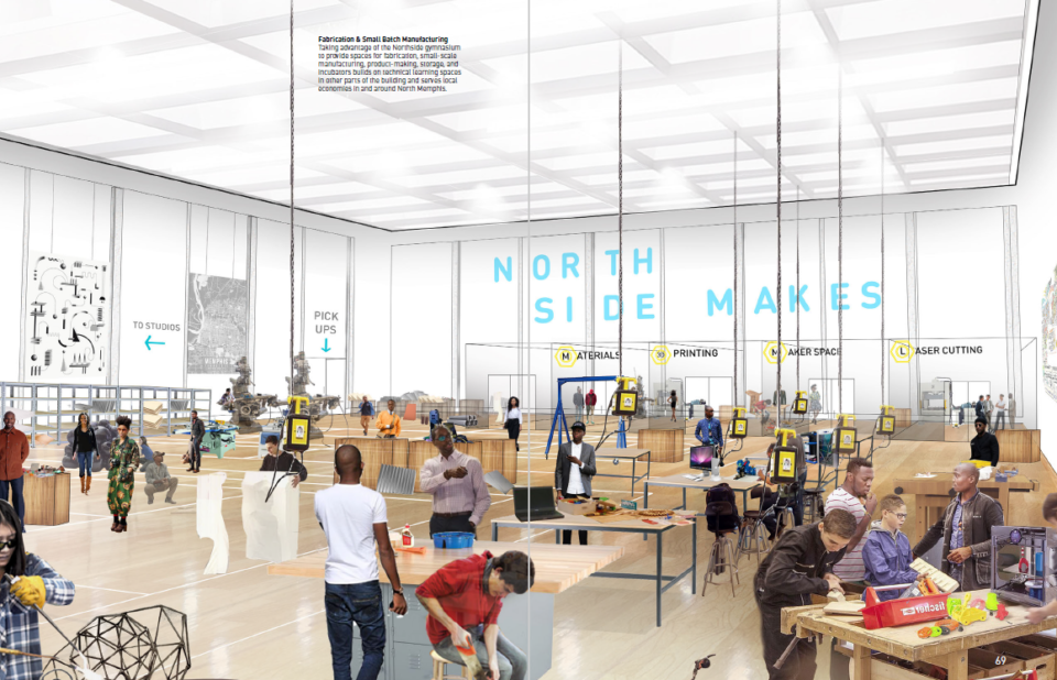 <strong>Northside High School&rsquo;s&nbsp;gymnasium could be converted to a facility for fabrication, small-scale manufacturing, product-making, storage, and incubators.</strong> (Studiio Gang)&nbsp;